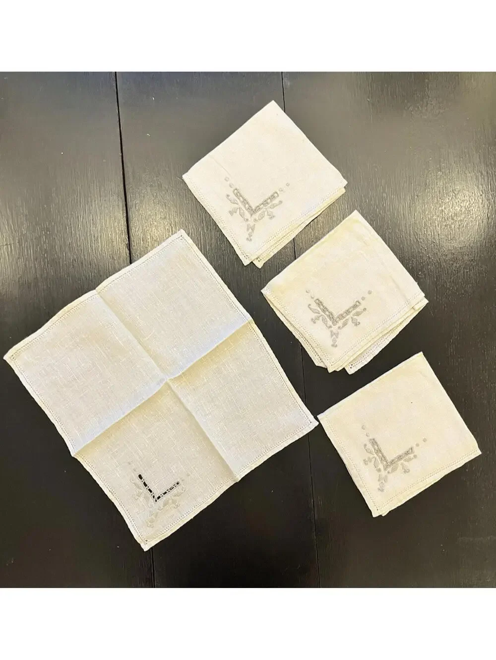 Vintage Linen Napkins Set of 4 Beige Gray Embroidered 10x10 Table Linens Square